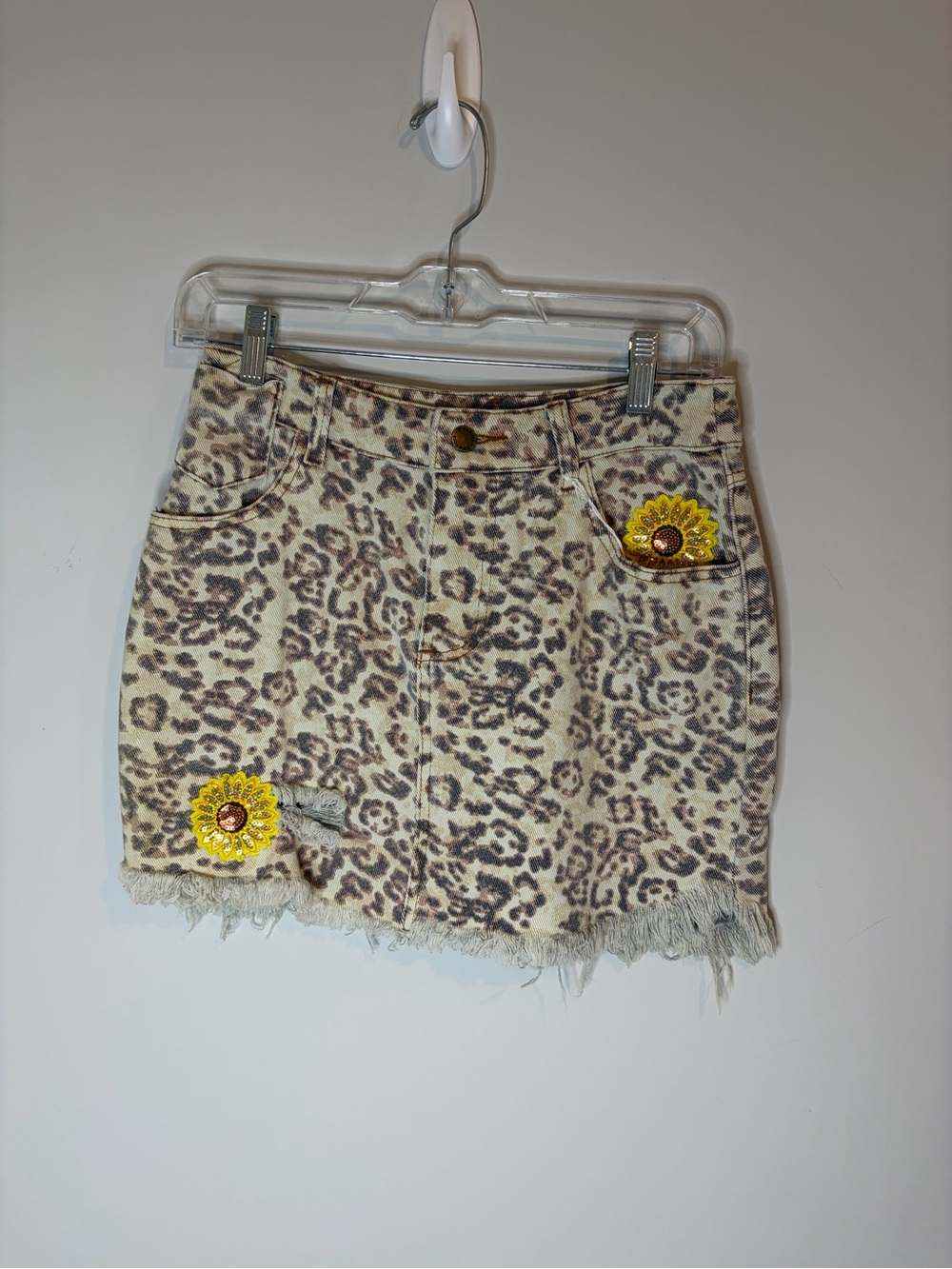 Style Rack Leopard Print Denim Mini Skirt with Yellow Sunflower Appliqués Size S